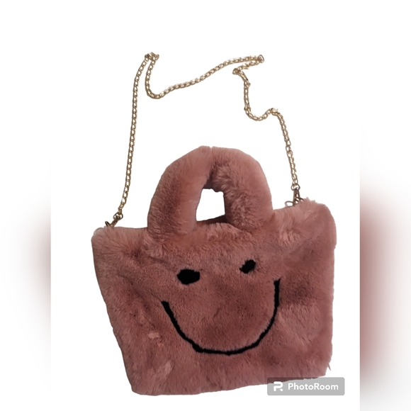 Fur bag smiley face Rose pink plush purse Womens Shoulder Bag - Picture 2 of 3